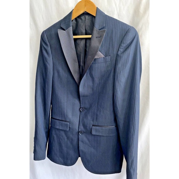 ASOS Mens Black & Navy Stripe Suit Jacket Blazer Pocket Square Size 32 - Picture 2 of 5